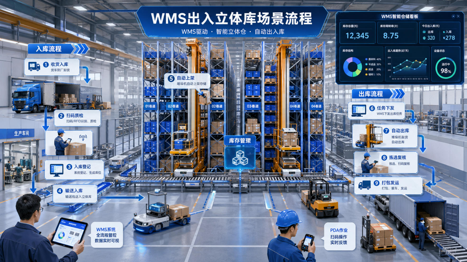 WMS 出入库与立体库协同流程示意图,展示入库、库存管理和出库任务流转